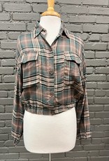 Long Sleeve Reese Teal Plaid Button Crop LS