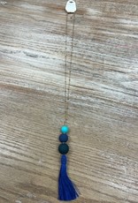 Jewelry Long Gold Blue Beaded Tassel Necklace