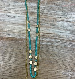 Jewelry Long Teal Gold Beaded Double Necklace