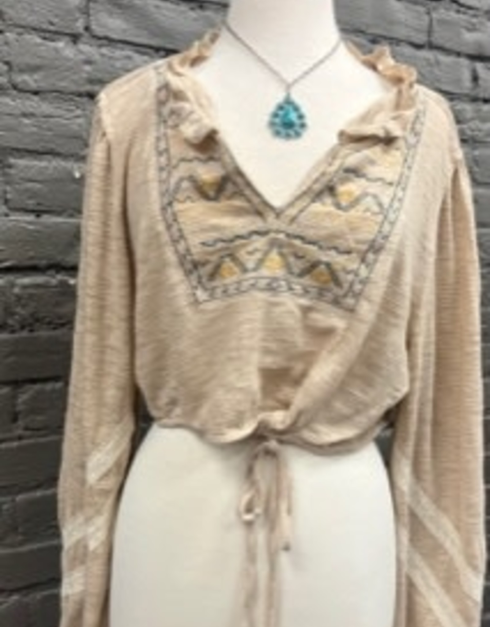 Blouse Beige V Neck Ruffle Shirt