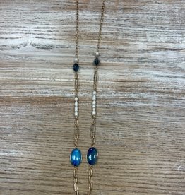 Jewelry Long Gold Pearl Blue Stone Necklace