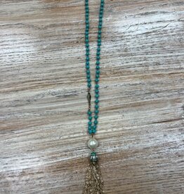 Jewelry Long Turq Bead Tassel Necklace