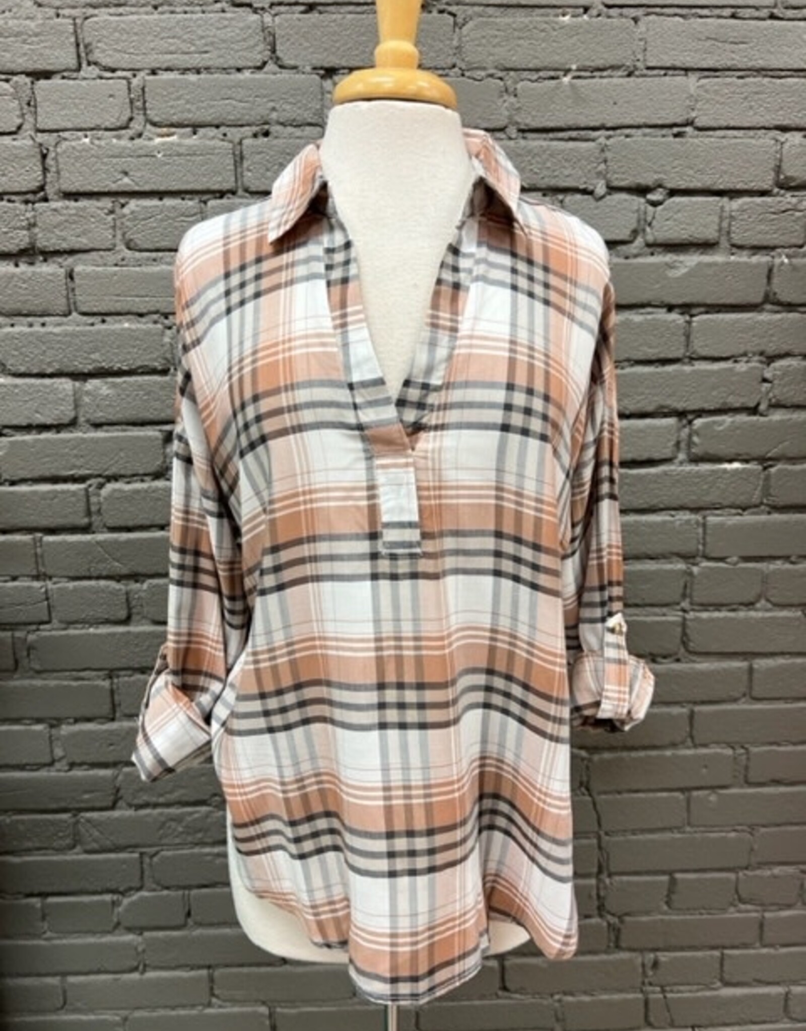 Shirt Nora Collar Plaid Rolled Sleeve Top