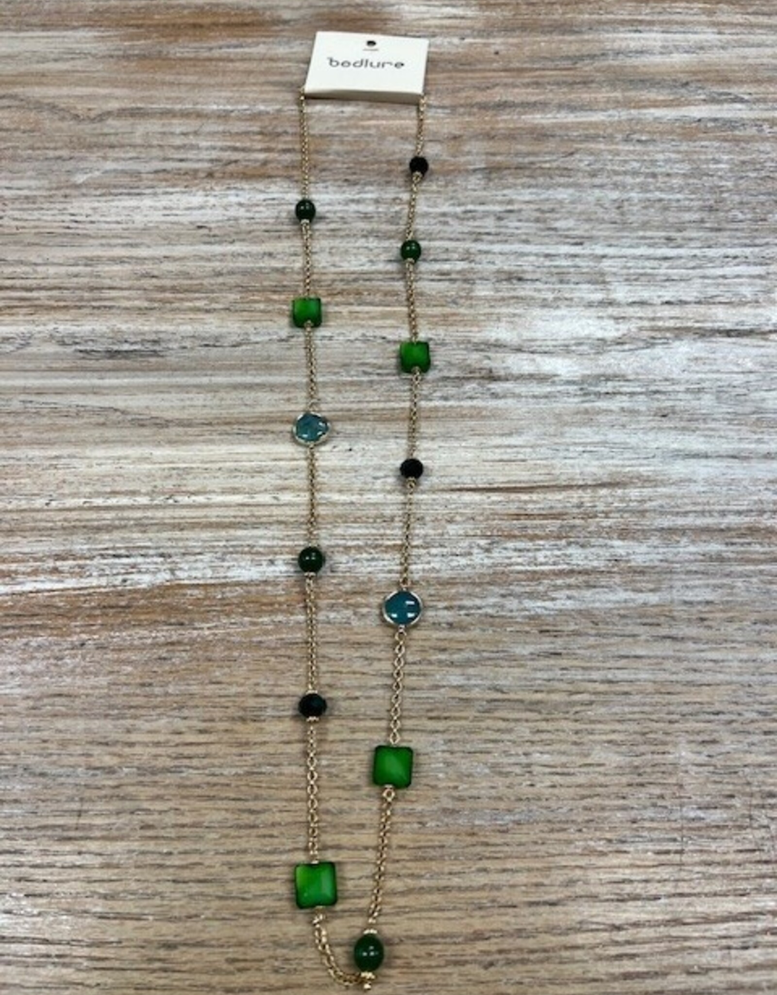 Jewelry Long Gold Necklace w/ Multi Green Gems