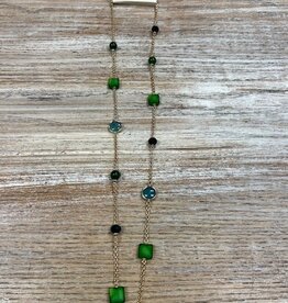 Jewelry Long Gold Necklace w/ Multi Green Gems