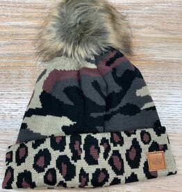 Beanie Green Camo Leopard Cuff Pom Beanie