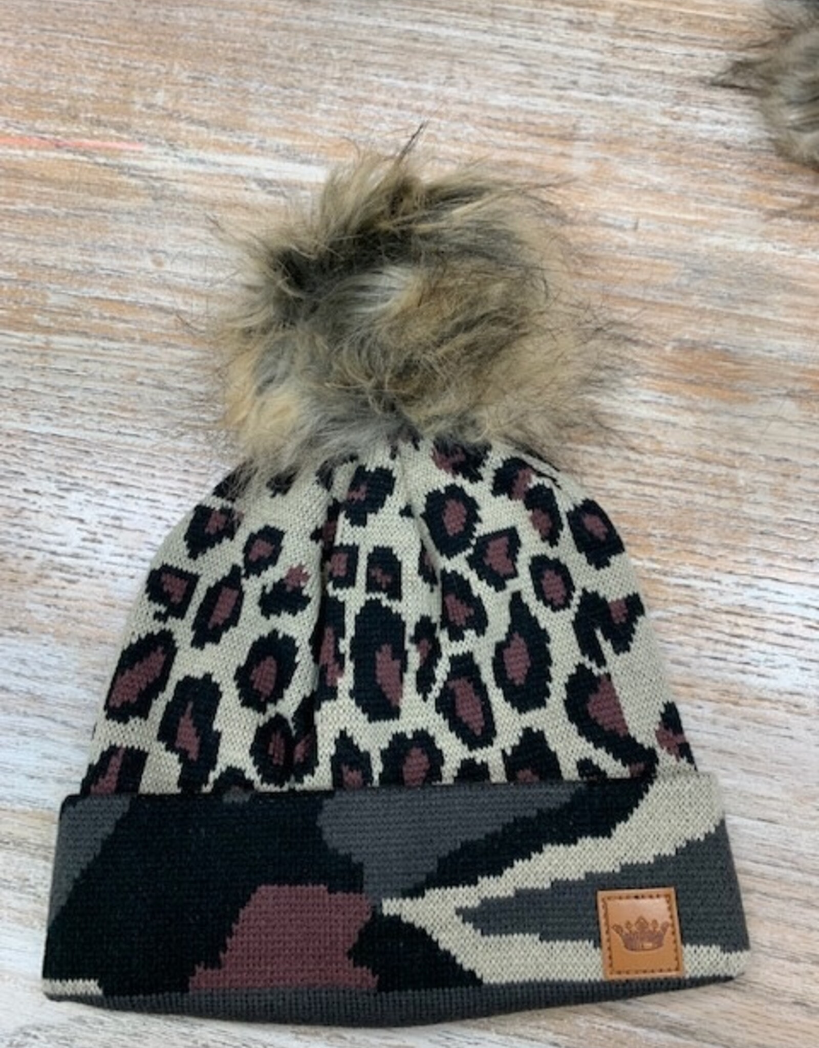 Beanie Leopard Camo Cuff Pom Beanie