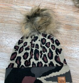 Beanie Leopard Camo Cuff Pom Beanie