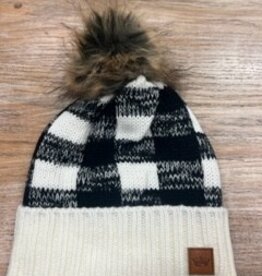 Beanie Black White Plaid Pom Beanie