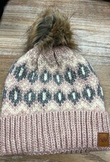 Beanie Blush Gray Print Pom Beanie