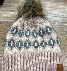 Beanie Blush Gray Print Pom Beanie