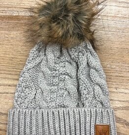 Beanie Light Gray Cable Knit Pom Beanie