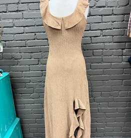Dress Madeline Beige Textured Ruffle Slit Midi Dress