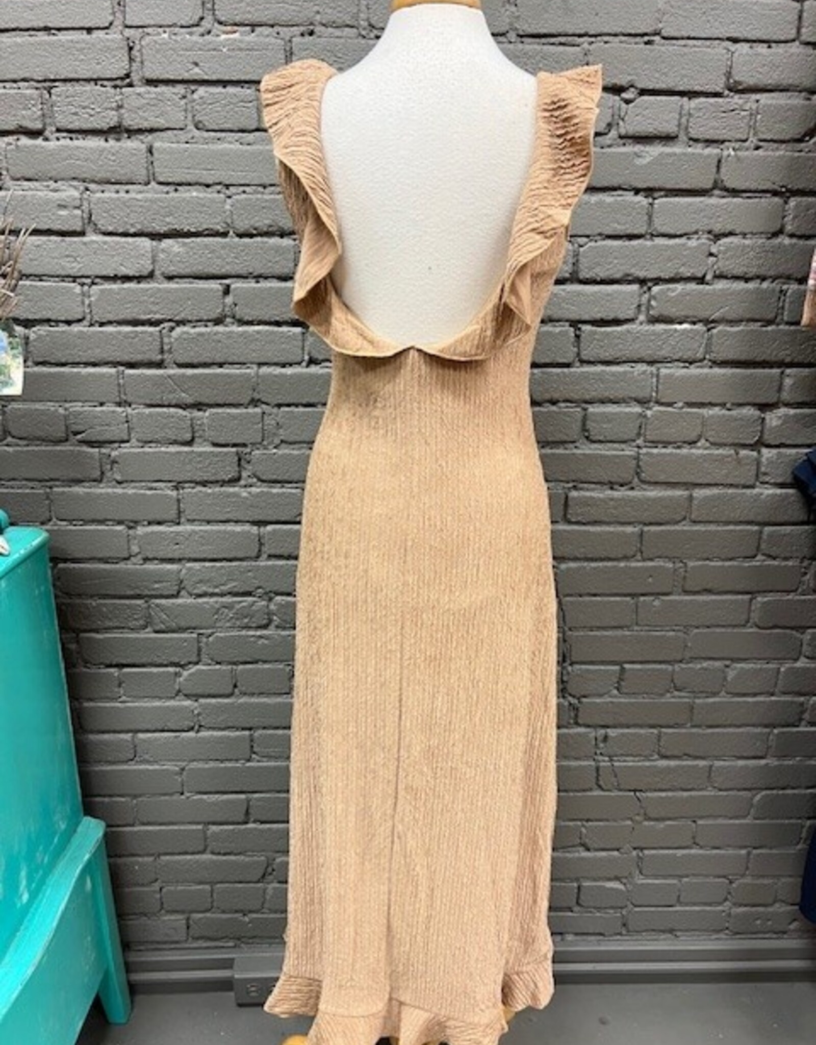 Dress Madeline Beige Textured Ruffle Slit Midi Dress