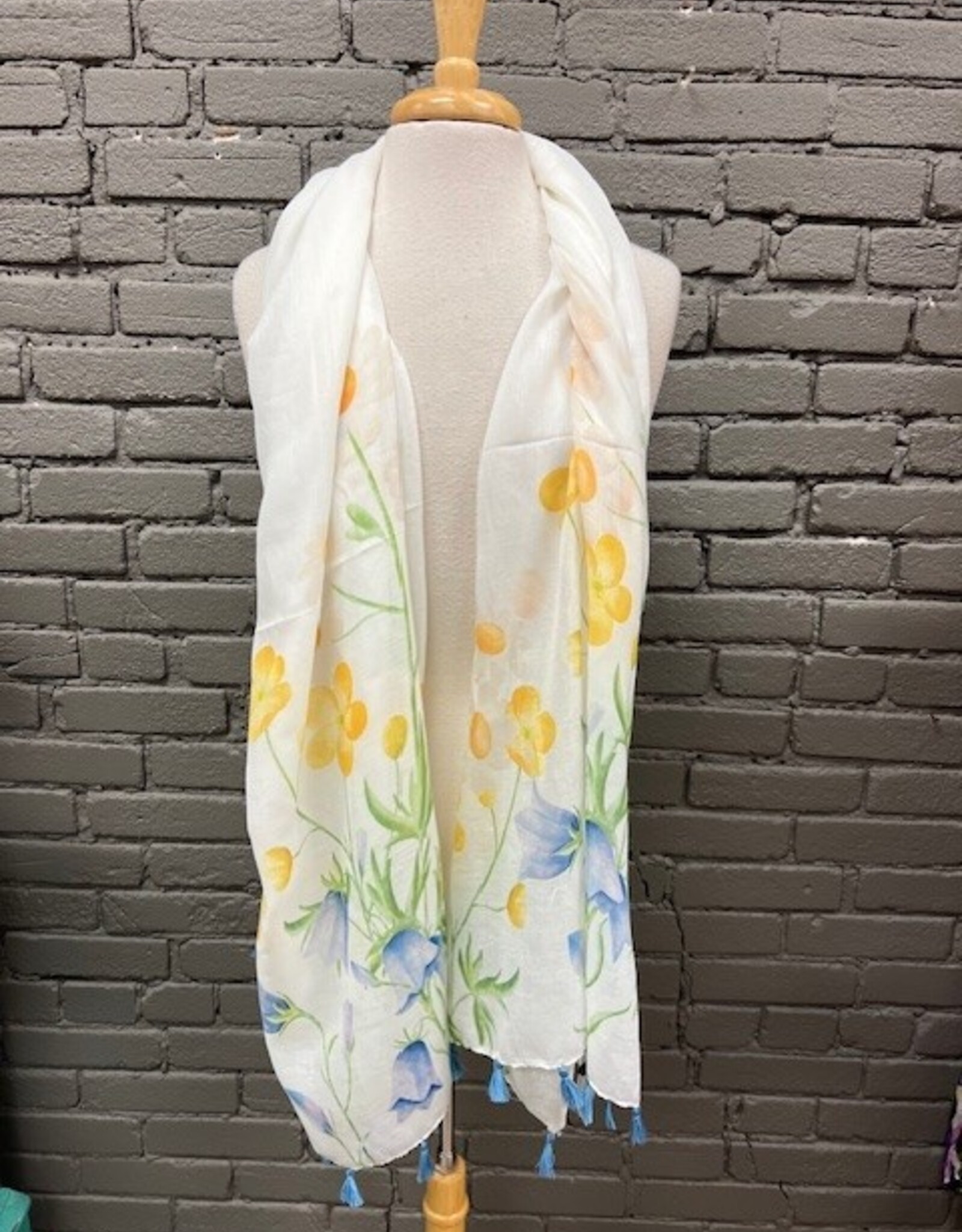 Scarf Yellow Blue  Printed Scarf w/ Tassels