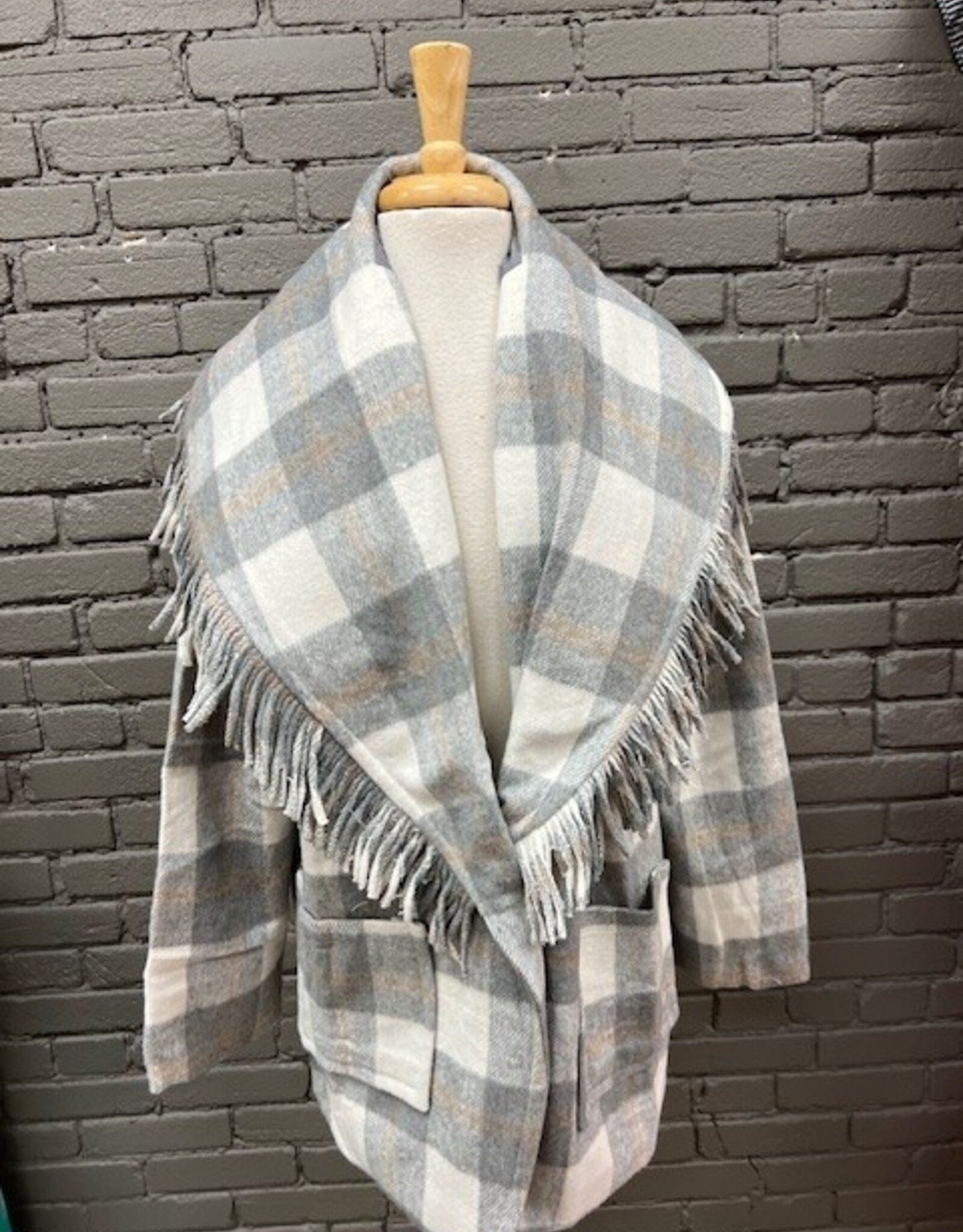 Jacket Hartford Gray Cream Plaid Fringe Coat