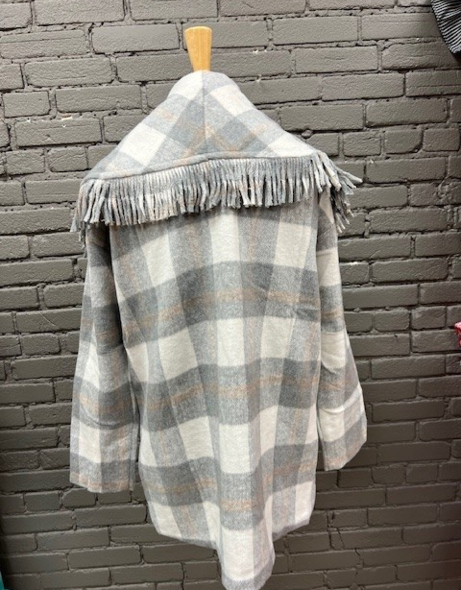 Jacket Hartford Gray Cream Plaid Fringe Coat