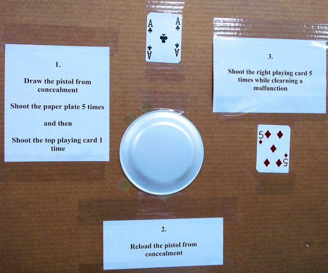 11 shot concealment drill, a paper plate and 2 playing cards on a cardboard backer