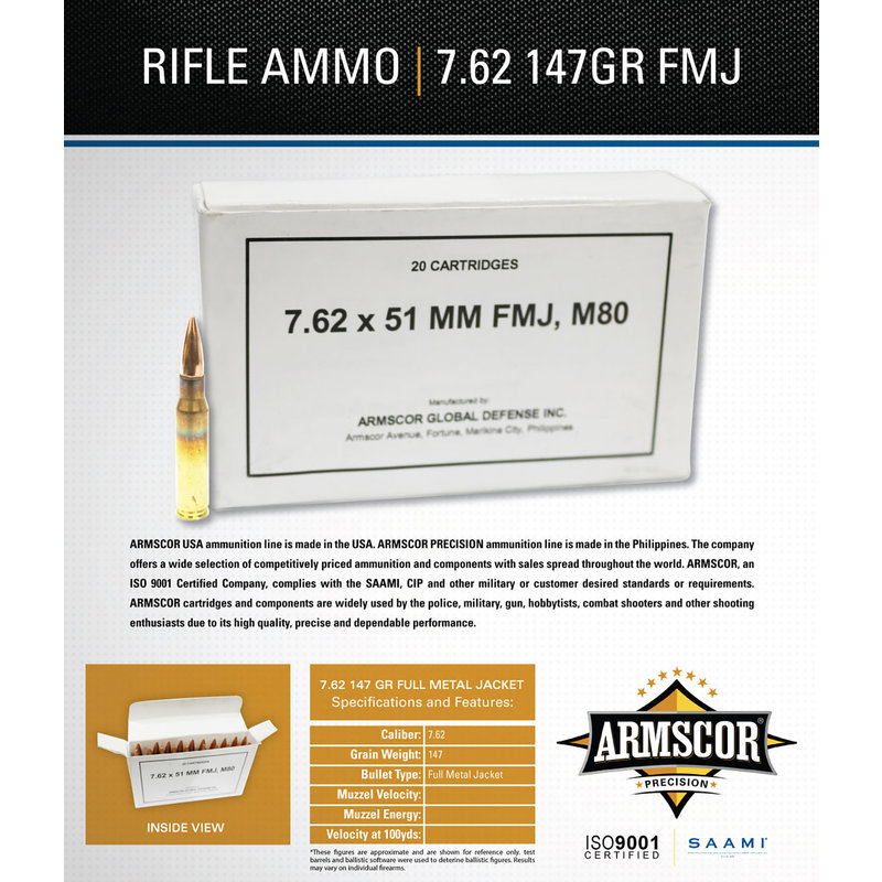 Ammo, Armscor 7.62X51 M80 147 MC 20
