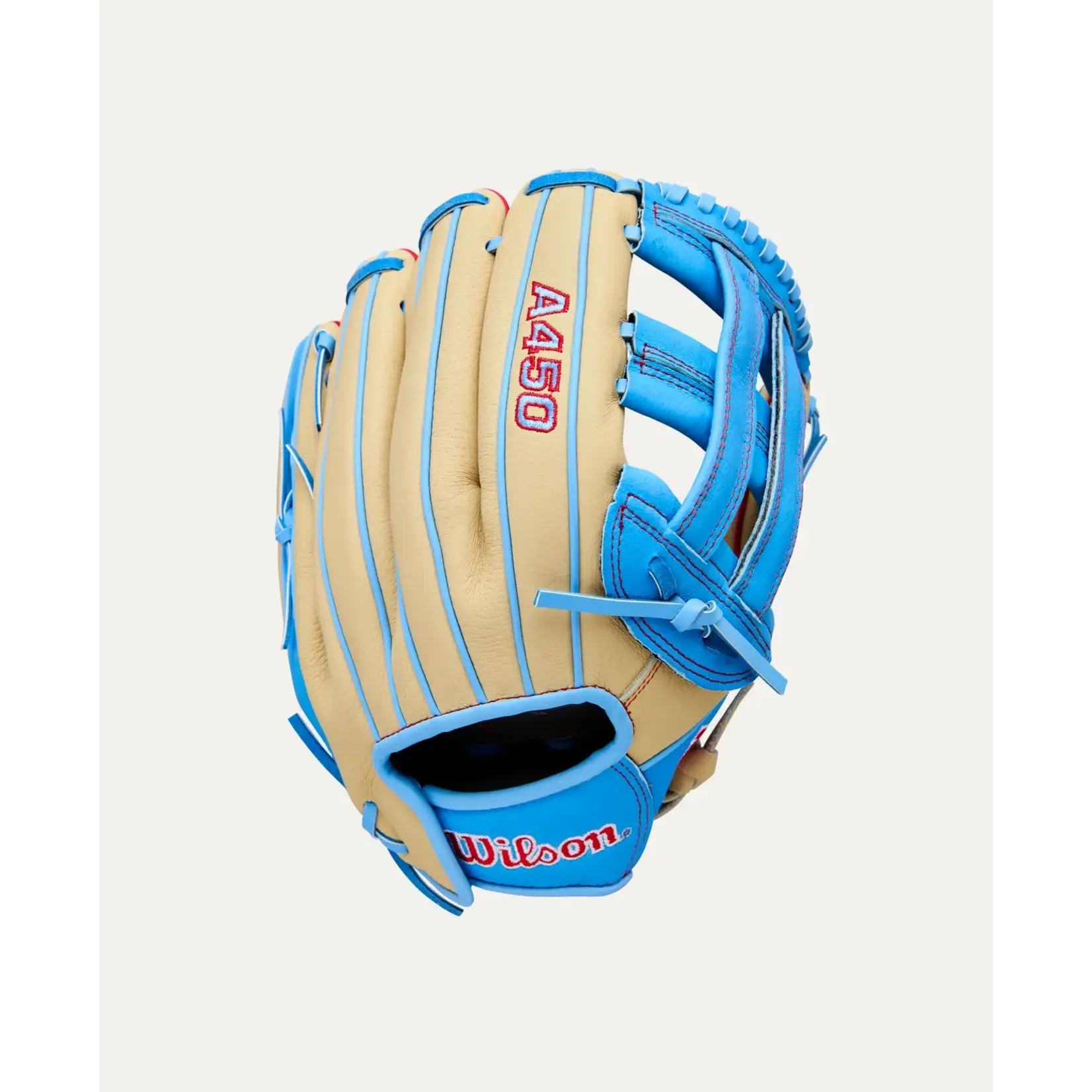 Wilson Wilson Baseball Glove, A450 Advisory Staff, 12", Reg, Blonde/Cool Blu/Red, Youth
