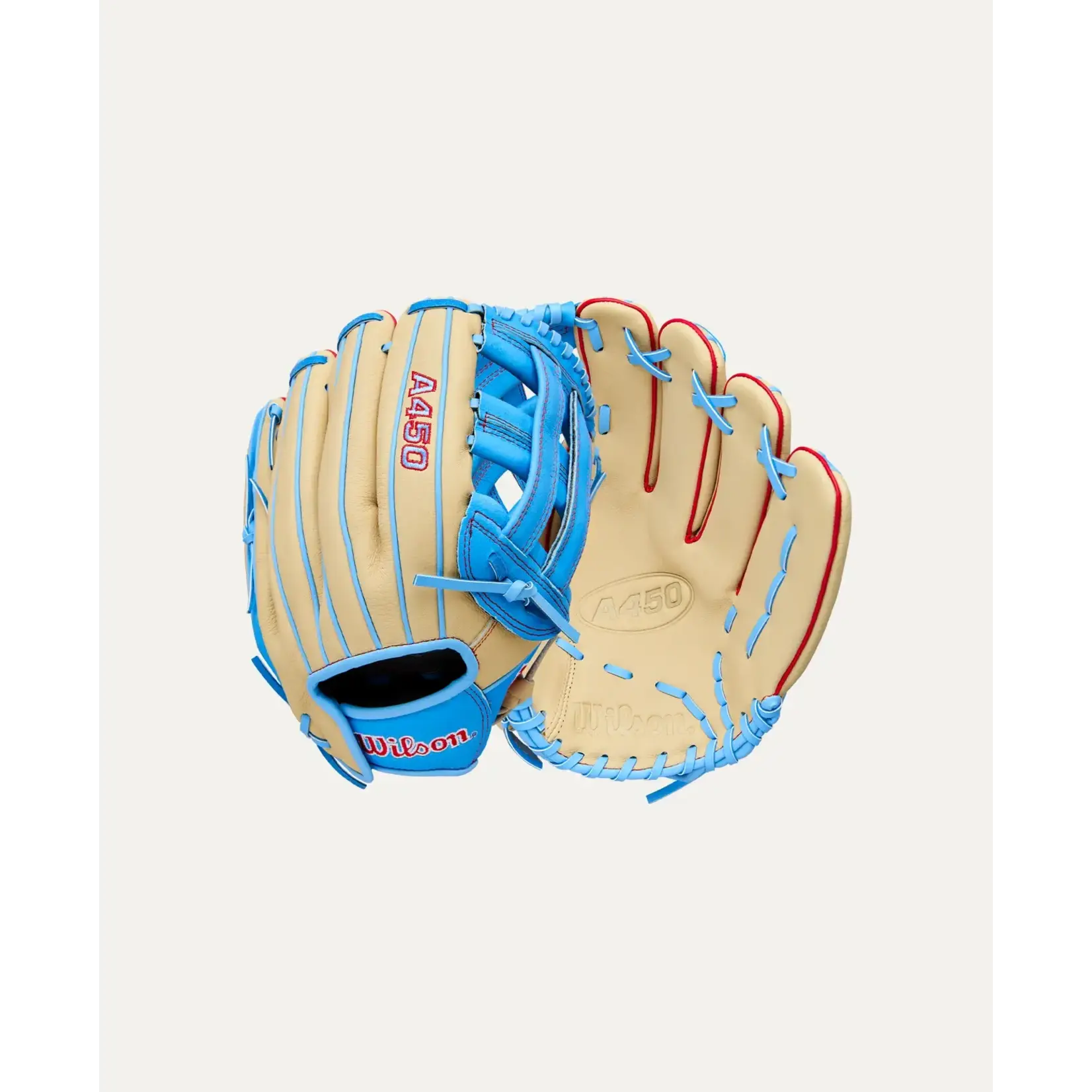 Wilson Wilson Baseball Glove, A450 Advisory Staff, 12", Reg, Blonde/Cool Blu/Red, Youth