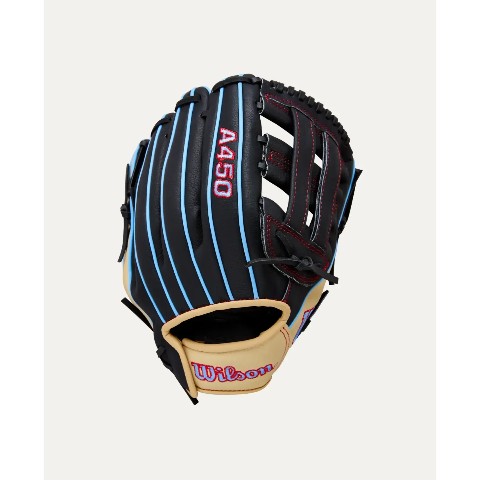 Wilson Wilson Baseball Glove, A450 Advisory Staff, 11", Reg, Blk/Blonde/Sky Blu/Red, Youth
