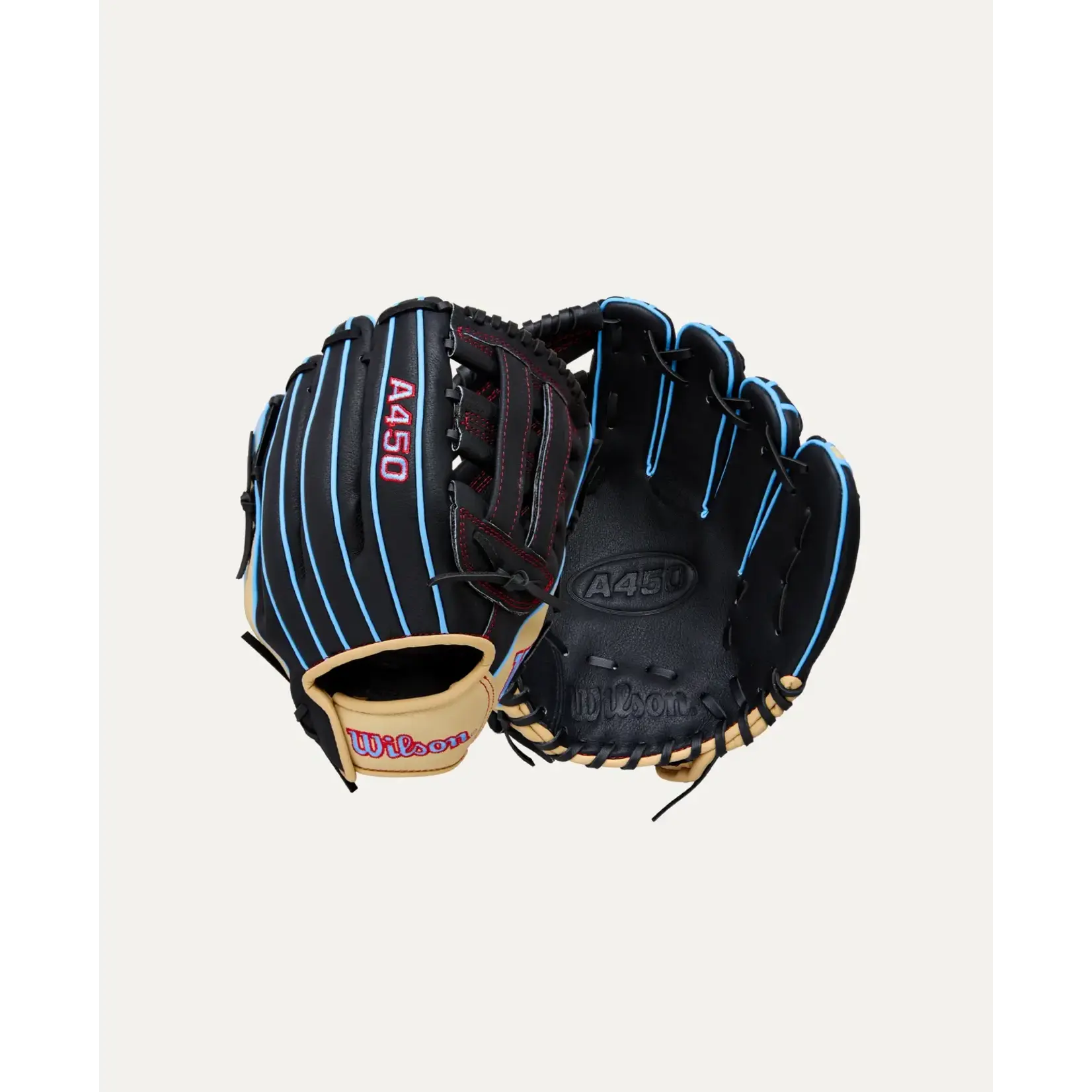 Wilson Wilson Baseball Glove, A450 Advisory Staff, 11", Reg, Blk/Blonde/Sky Blu/Red, Youth