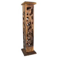 12" Carved Wood Square Tower Incense Burner