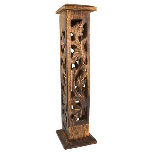 12" Carved Wood Square Tower Incense Burner