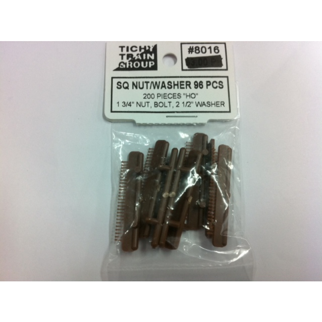 TICHY TRAIN GROUP SQ NUT/WASHER 96 PCS 200 PIECES "HO" 1 3/4" NUT, BOLT, 2 1/2" WASHER  8016