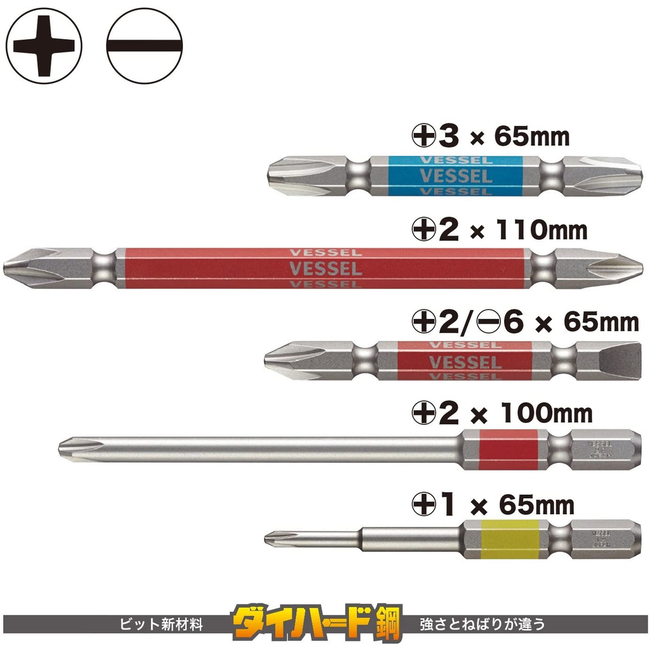 VESSEL GO-SAI Bit   Set Details: Both head + 2 / - 6 x 65, + 2 x 110, + 3 x 65, single head + 1 x 65, + 2 x 100 mm Material: Die Hard Steel Maximum hardness: HRC 62 SUITS  ALL  JAPANESE  BRANDS