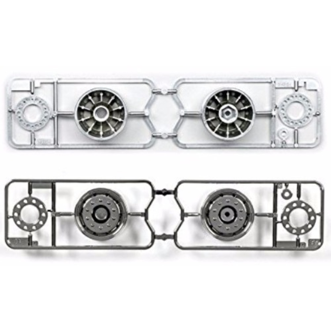 TAMIYA TRACTOR TRUCK RIMS SUPER SINGLES 2 FRONT  2 REAR CHROME SHINY 30mm