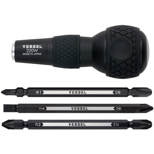 VESSEL BALL GRIP 1/4'' Hex. Bit Interchangeable Screwdriver (Bit 3PC. (+1, 3 / +2, -6 / PZ2, PZ3) SET. 220W3J1)    SUITS  ALL  JAPANESE  BRANDS