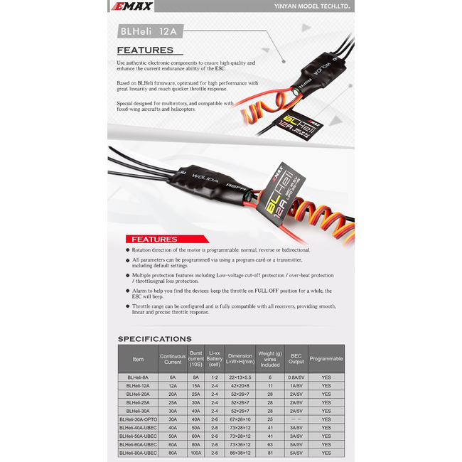 EMAX BL HELI 12A ESC 2-4S WITH 1A 5V BEC