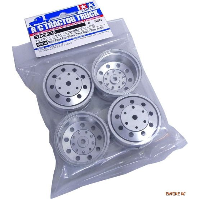 TAMIYA REAR METAL PLATED WHEELS 22mm WIDE MATTE FINISH SUITS TAMIYA 1/14 TRACTOR TRUCKS AND TRAILERS ( MAKES 1 AXLE  )
