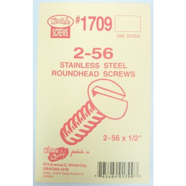 KADEE SCREW 1709 2-56 X 1/2" STAINLESS STEEL ROUND HEAD SCREWS (12)