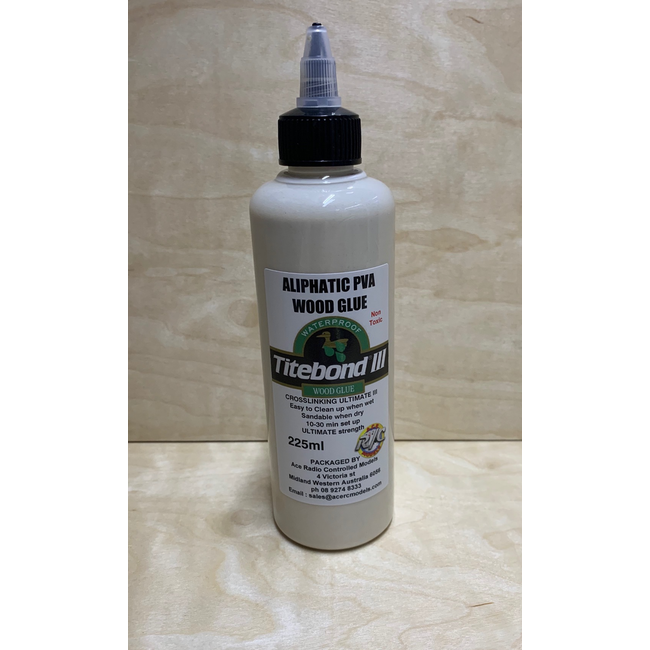 ACE 225ml ALIPHATIC HOBBY GLUE CROSSLINKING ULTIMATE III TOTALLY WATERPROOF Strength   (psi) 3635 Min Temp 5¬∞C Dried film Light BROWN Clean up Water when wet, sand when dry. Assembly time 10-30 min
