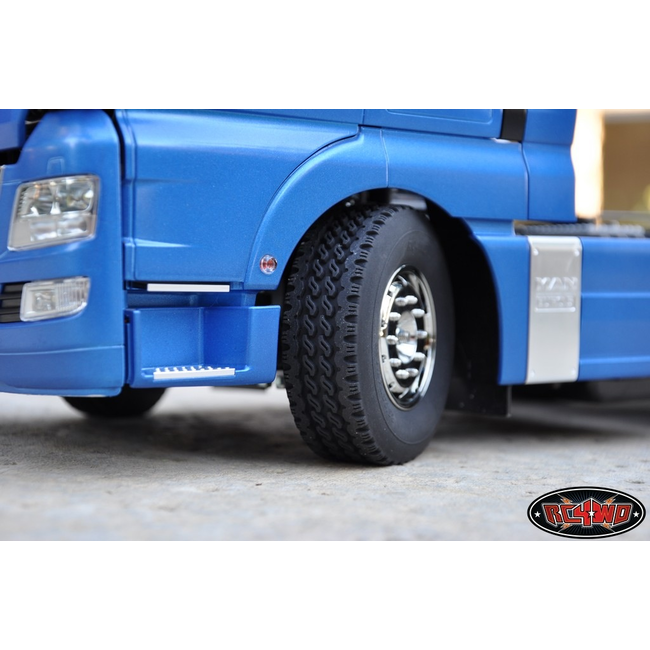 RC4WD 2x Hauler Super Wide ( HAULER SW ) SUPER SINGLE 1.7" Commercial 1/14 Semi Truck Tires These are Super Wide Semi Truck Tires for the Tamiya Reefer style trailers, or the front of a Semi Truck.   Shown Mounted on Diesel Semi Truck Wheels beside a