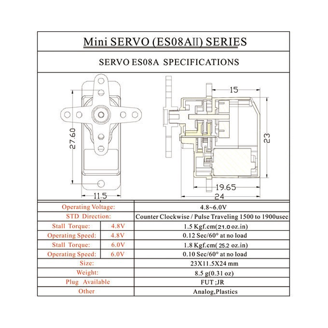EMAX ES08AII MINI SERVO 1.8kg 6.0v PLASTIC GEARS