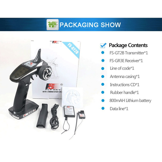 FLYSKY GT2B 3CH WHEEL RADIO 2.4GHZ TX AND RX WITH TRANSMITTER  LIPO BATTERY & USB CHARGE CABLE