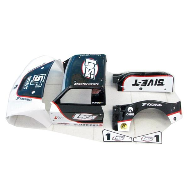 LOSI 5IVE-T RIGHT FENDER REAR  BODY SET PAINTED BLACK STYLE &  STICKERED ( COMPLETE BODY PICTURED FOR REFERENCE ONLY )