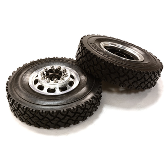 INTEGY INTEGY MACHINED ALLOY T5 FRONT WHEEL AND TIRE SET FOR TAMIYA 1/14 TRUCK BLACK