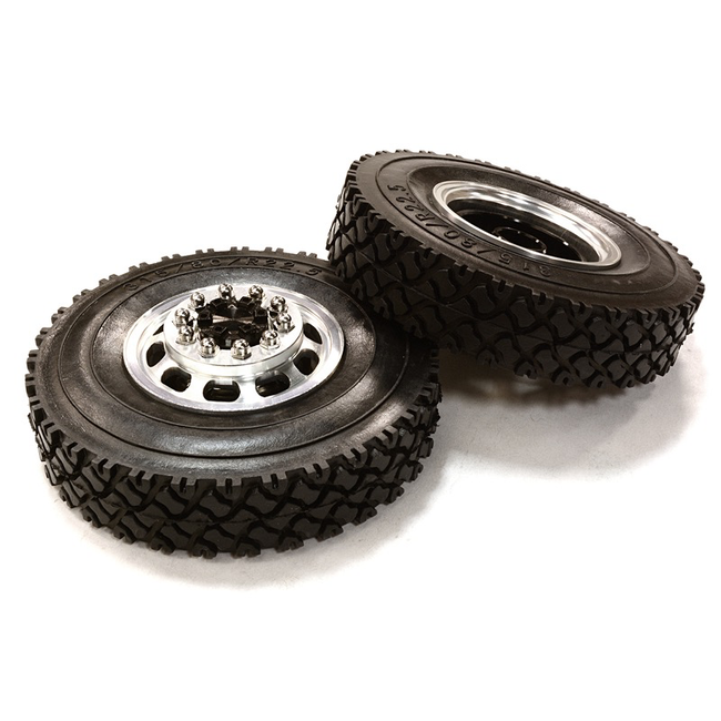 INTEGY MACHINED ALLOY T5 FRONT WHEEL AND TIRE SET FOR TAMIYA 1/14 TRUCK BLACK