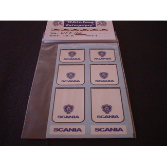 WHITE FANG WFE 1/14 SCANIA LOGO MUD FLAPS WHITE BLUE & BLACK ( 2SM 2MED 2LG )