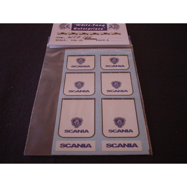 WFE 1/14 SCANIA LOGO MUD FLAPS WHITE BLUE & BLACK ( 2SM 2MED 2LG )