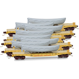 MICRO TRAINS MICRO TRAINS 50‚Äô FLAT CAR WITH FISHBELLY SIDE SIDE MOUNT BRAKE WHEEL AND BOAT LOAD UNION PACIFIC N SCALE