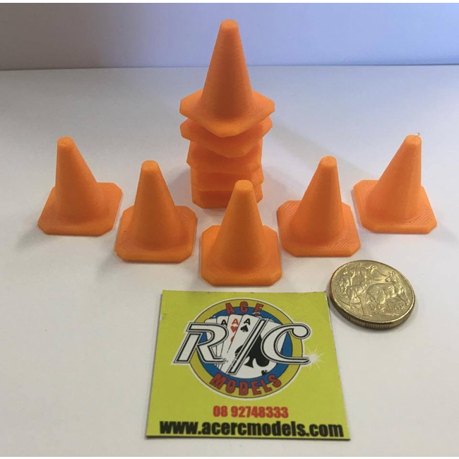 ACE 3D PRINT 1:14  TRAFFIC CONES ( 10 PACK )  ORANGE ( OTHER COLOURS AVAILABLE ON REQUEST )  THIICK WALL & BASE HEAVY DUTY VERSION