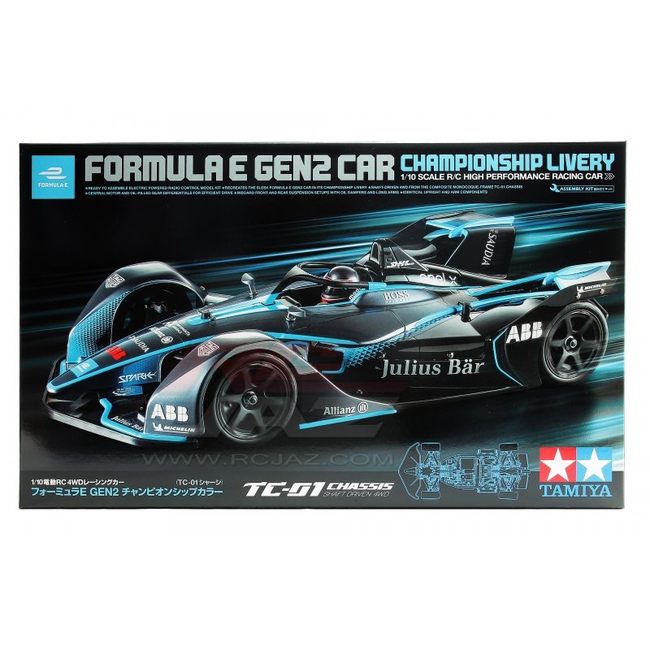 TAMIYA Formula E Gen2 RC Car – Championship Livery 1:10 Scale ,TC-01 Shaft Driven 4WD Chassis 58681 requires  radio servo speed controller battery charger and paint
