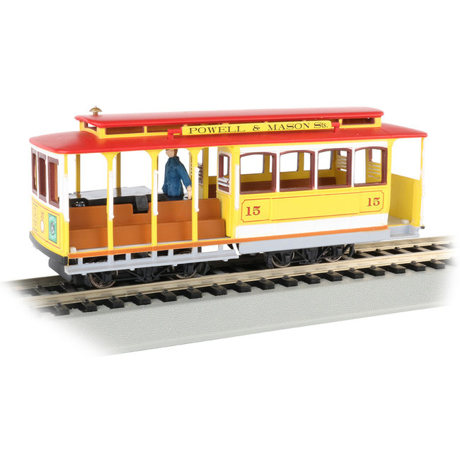 Yellow & Red - Cable Car with Grip Man    Analog controlled   Performs best on 15" radius curves or greater.