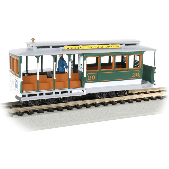 Green & Gray - Cable Car with Grip Man     Analog controlled    Performs best on 15" radius curves or greater.